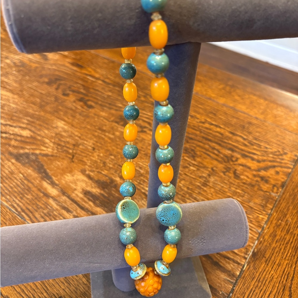 Elegant Blue and Orange Beaded Necklace